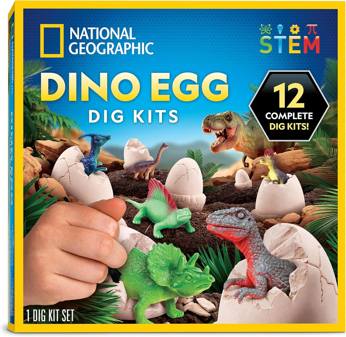 National Geographic Dinosaur Dig Kit - 12 Dino-Shaped Bricks with Figures & Excavation Tools | Perfect STEM Toy for Kids