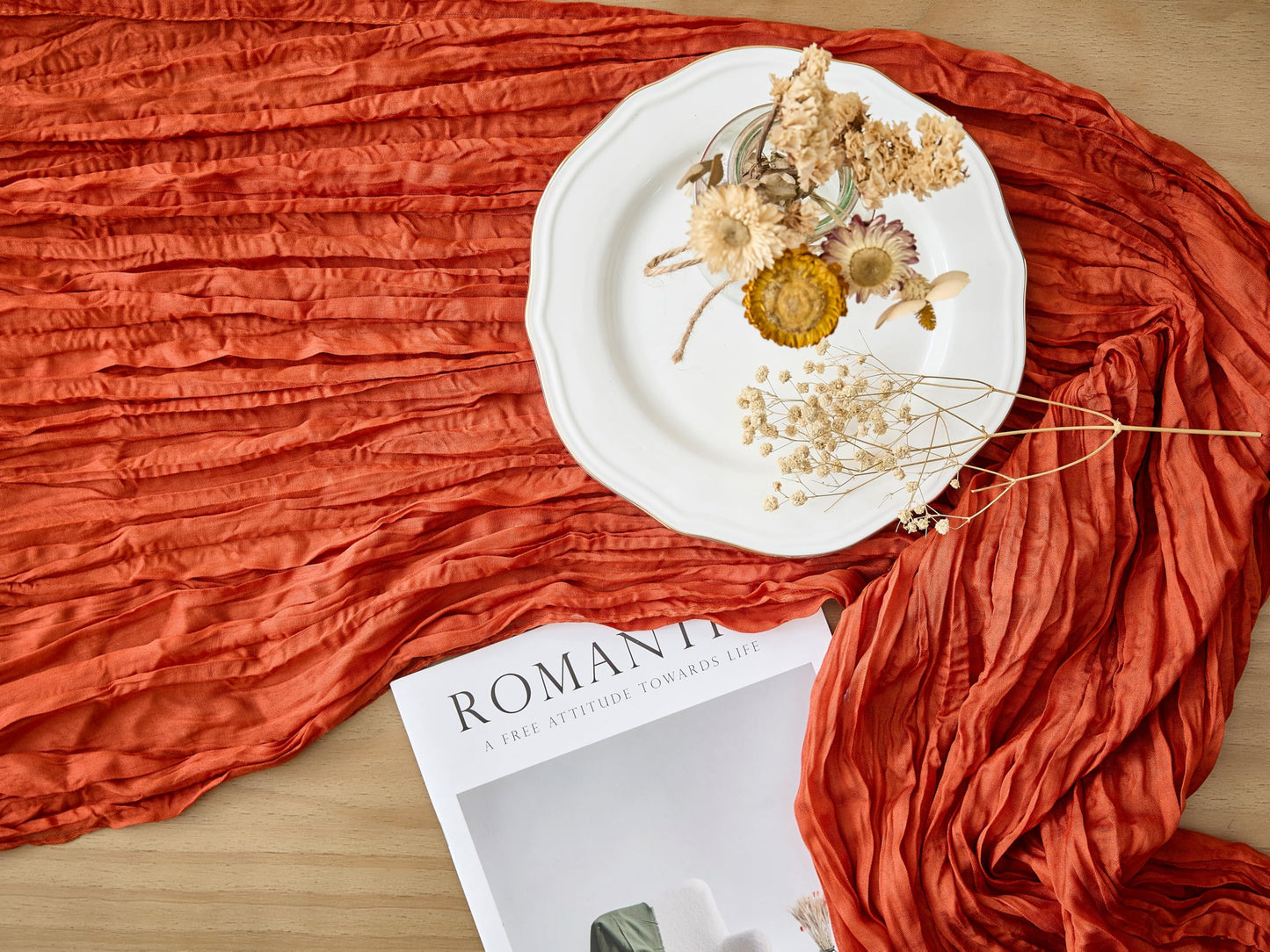 YATOJUZI Terracotta Cheesecloth Table Runner Seasonal Fall Gauze Boho Farmhouse Rustic Cream 120 inch 10FT Cheese Cloth Runner for Wedding Party Bridal Shower Birthday Home Decorations
