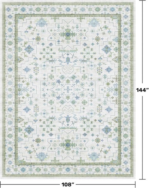 Green Area Rugs 9x12 by [Brand Name] - Washable Geometric Design, Non-Slip Soft Faux Wool for Living Room & Bedroom