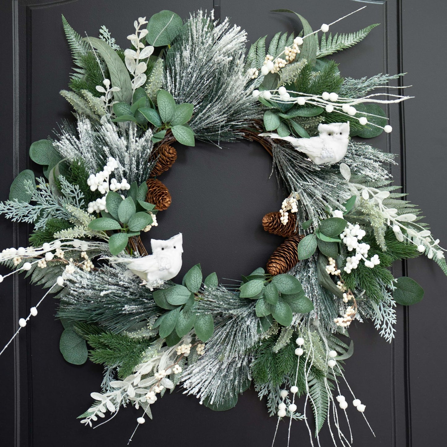 Pinkpuii Winter Wreaths for Front Door 24 Inch Snowy Flocked Christmas Wreath Artificial Green Olive Eucalyptus Wreath with Cute White Owl,Pine Cones,Cedar,White Berries for Indoor Outdor Decor