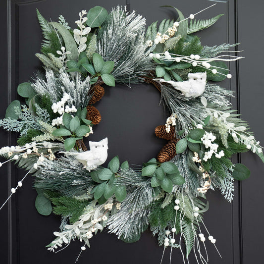 Pinkpuii Winter Wreaths for Front Door 24 Inch Snowy Flocked Christmas Wreath Artificial Green Olive Eucalyptus Wreath with Cute White Owl,Pine Cones,Cedar,White Berries for Indoor Outdor Decor