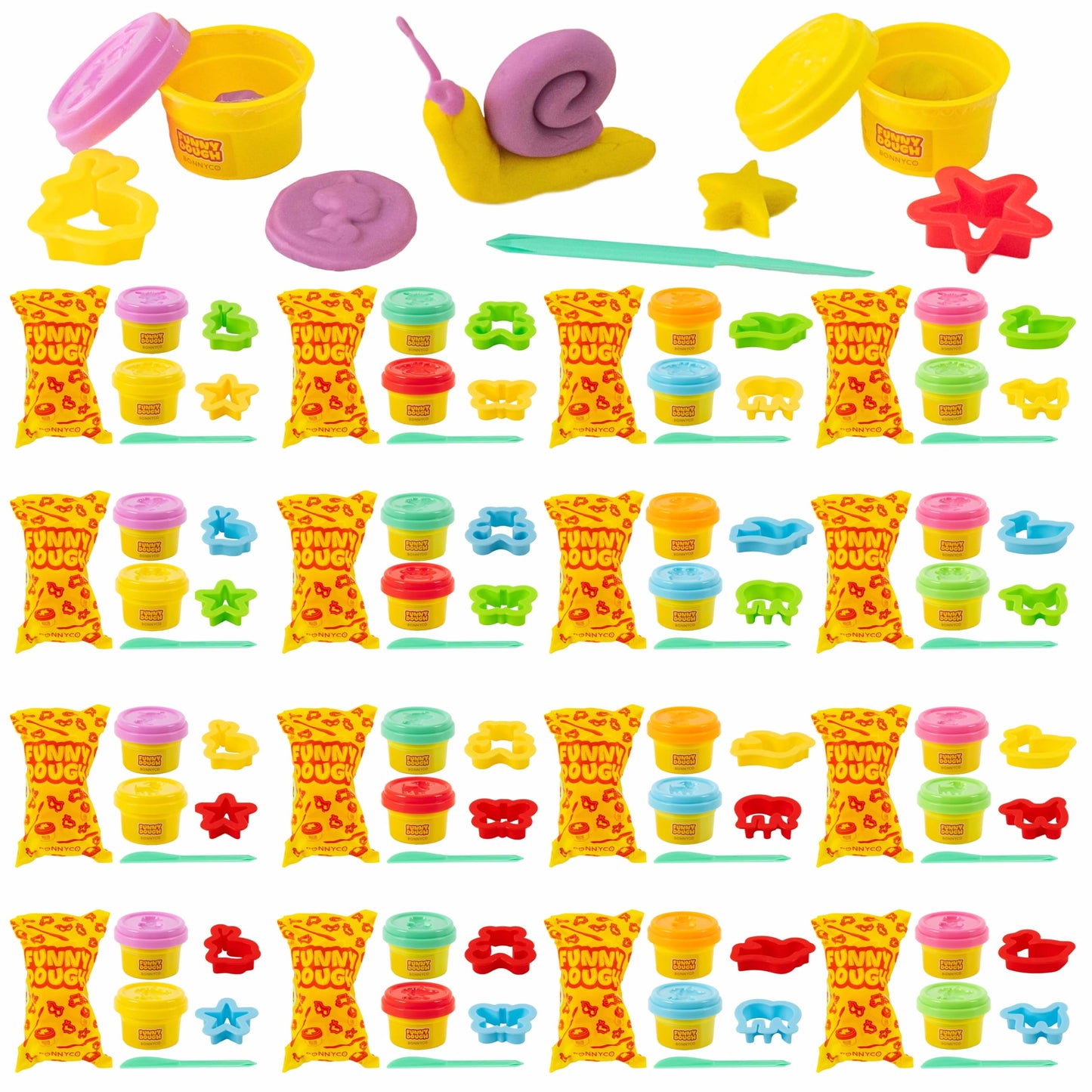 BONNYCO Play Dough Set with Molds and Goody Bags, Pack 16 Party Favors for Kids Age 3-9. Bulk Gifts, Kids Toys, Mini Birthday Games, Stocking Stuffers, Arts and Crafts Kit for Classroom