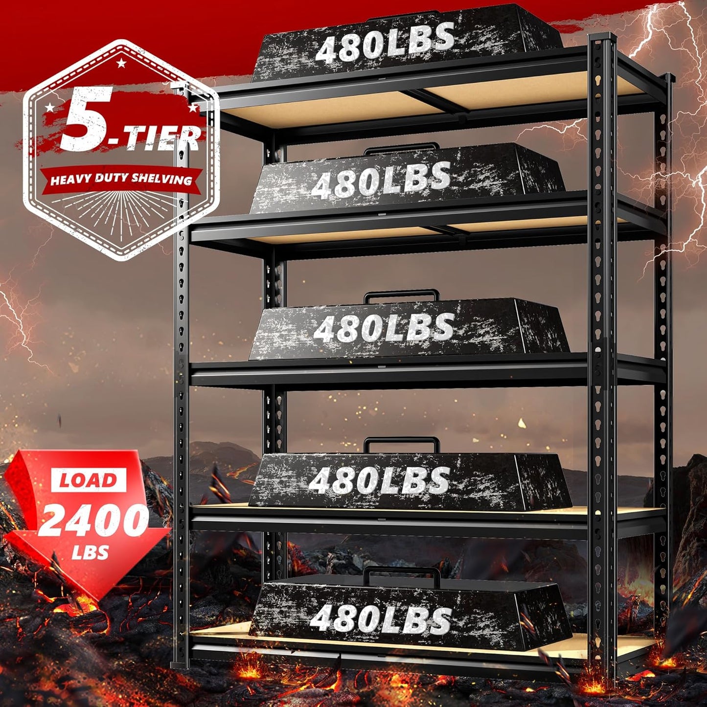 REIBII 5-Tier Heavy Duty Storage Shelves - Adjustable Utility Rack for Garage, Pantry & Closet | 35.5" W x 11.9" D x 72" H, Black