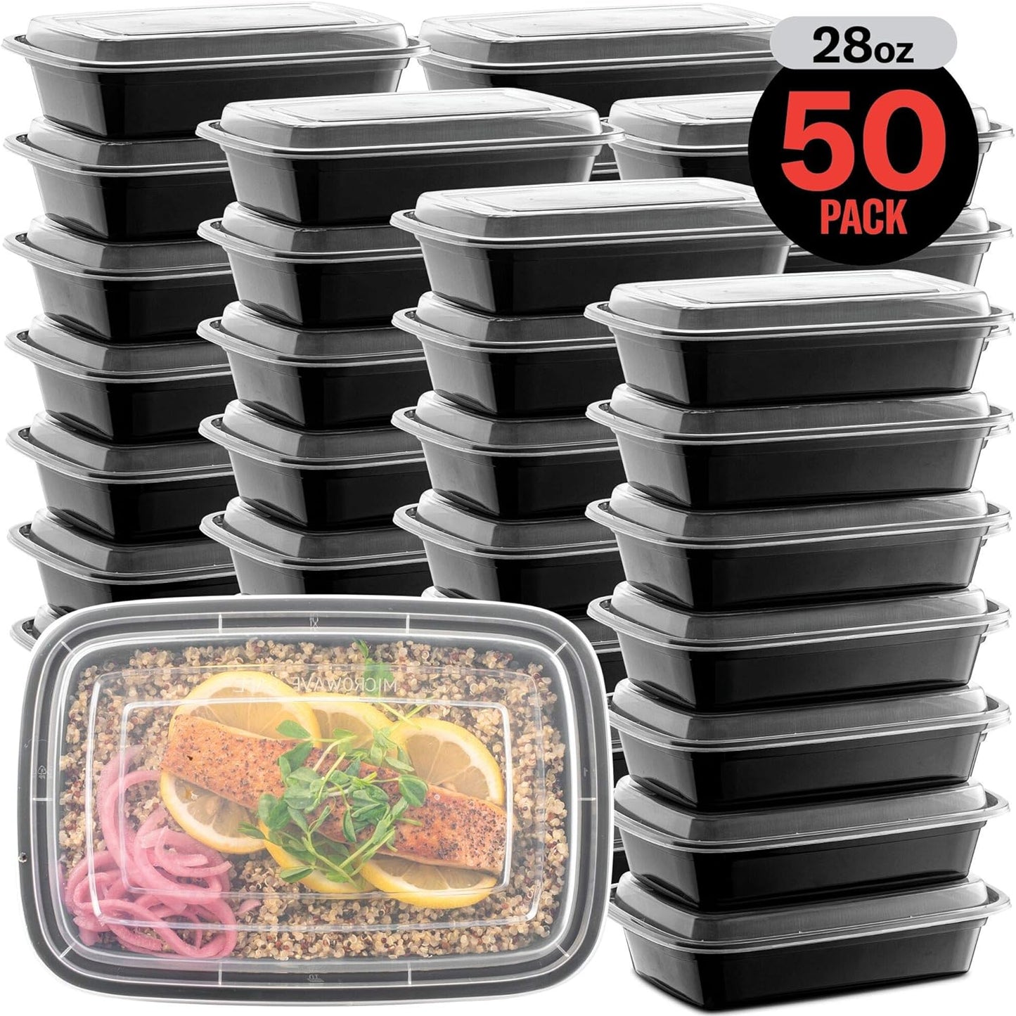 Reusable Meal Prep Containers by [Brand Name] - Microwave Safe 28 oz Food Storage with Lids | 50-Pack, BPA Free