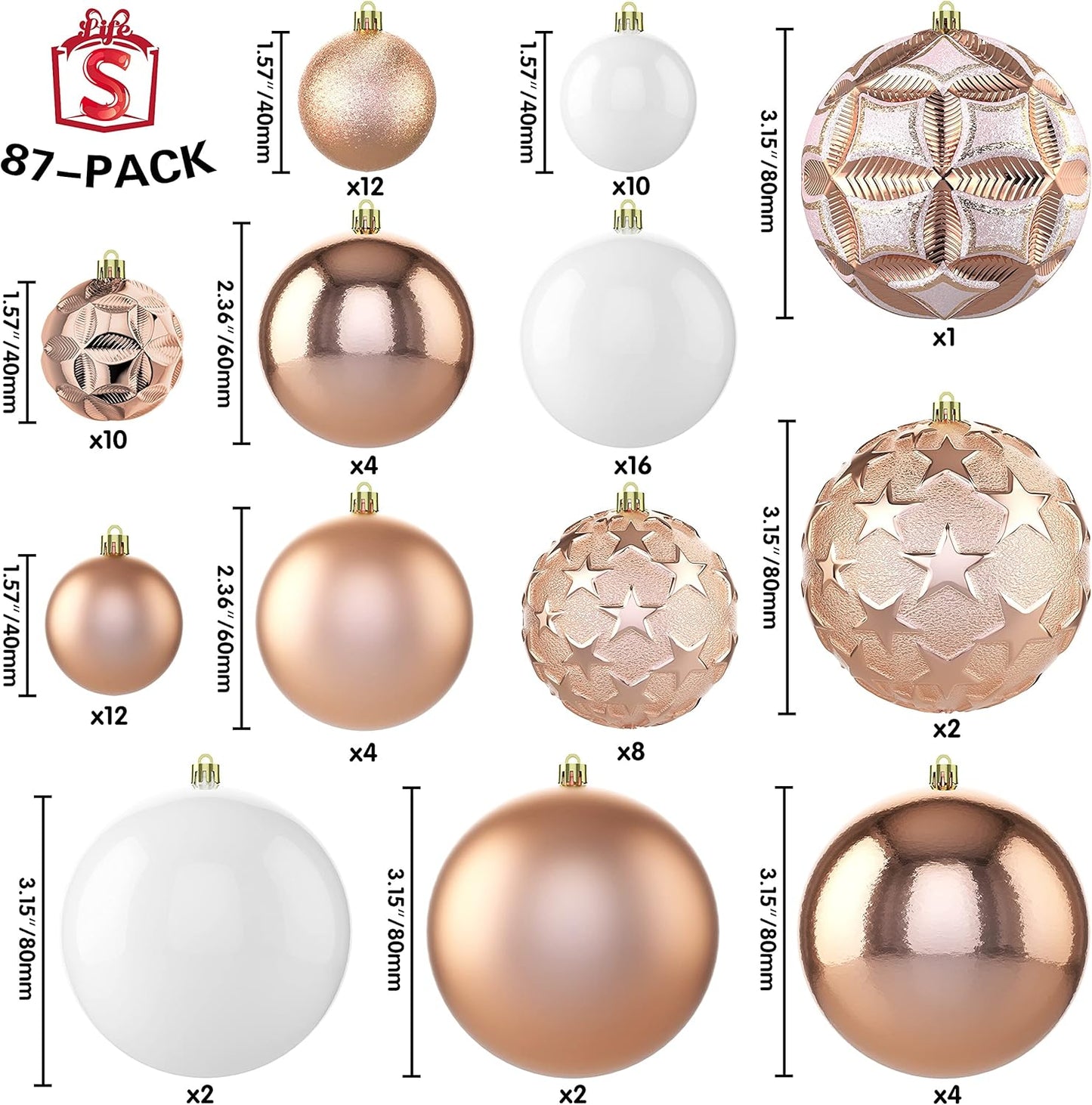 87ct Christmas Ball Ornaments Set Shatterproof Seasonal Hanging Decorations with Reusable Hand-held Gift Package for Xmas Tree Holiday Party and Home Decor, Gold