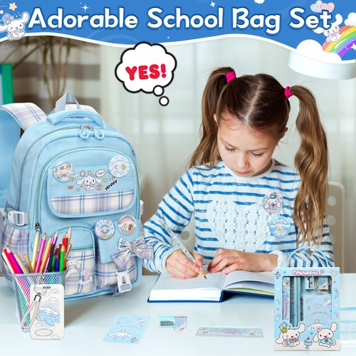 Ensccant Backpack for Girls with 14Pcs Accessories - Anime Schoolbag Cartoon Backpack Laptop Bookbags Anti-Theft Travel Aesthetic New Semester Gifts Bag with Pins,ID Badge Holder,Stationery - Blue