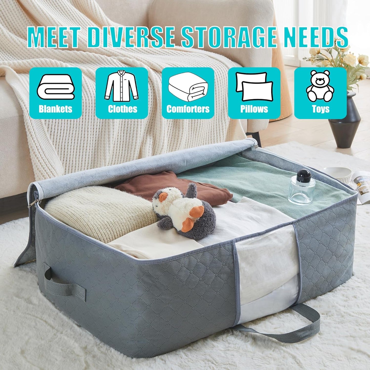 Regine Switzerland 105L Extra Large Storage Bags - Organize Blankets, Bedding & Clothes | 3-Pack Grey with Handles & Clear Window