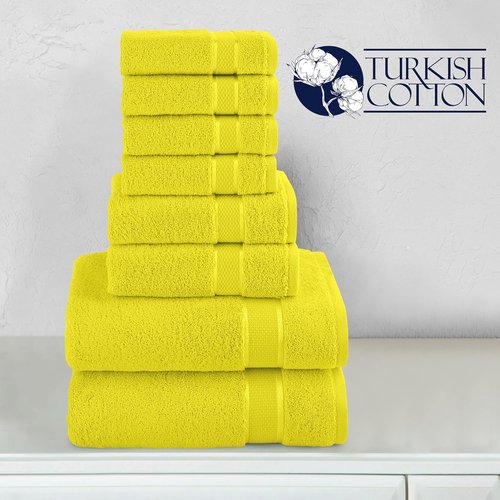 Elegant Comfort Premium Cotton Towel Set - 8-Piece Collection with 4 Washcloths, 2 Hand Towels & 2 Bath Towels | 100% Turkish Cotton, Highly Absorbent & Soft, Yellow