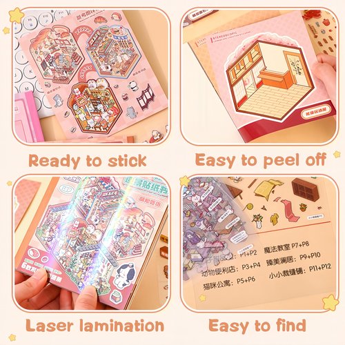 DSNJPZX 3D Sticker Scene Collection Book for Kids Adults - Reusable Stickers - Improve Children's Imagination and Creativity - Enhance Parent-Child Relationship. (Yellow)
