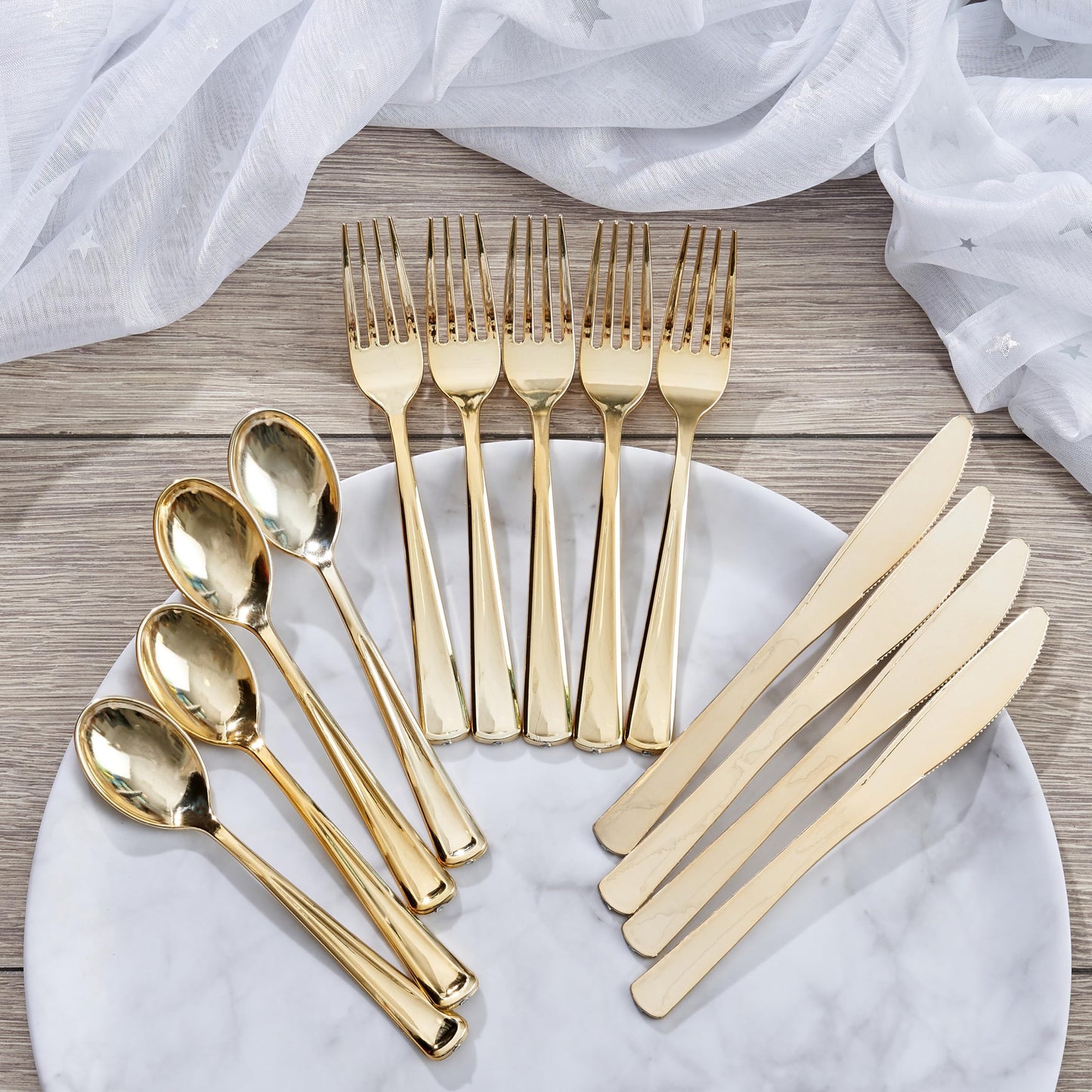 MATANA - 180 Gold Plastic Silverware Set (60 Knives 60 Forks 60 Spoons) Bulk Reusable Gold Plastic Cutlery Utensils for Party, Wedding, Dinner, Heavy Duty