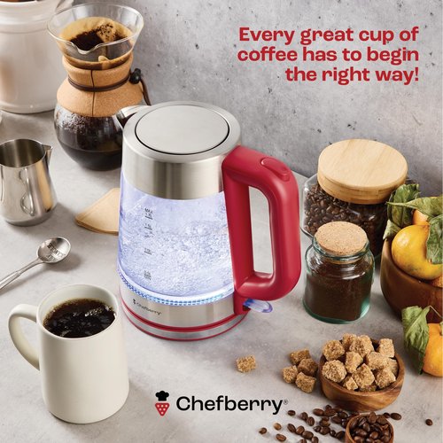 Electric Kettle for Boiling Hot Tea & Water | 1.7L Stainless Steel Borosilicate Glass Boiler With No Plastic, Automatic Shutoff, BPA Free, Fast Heating Technology (Red)