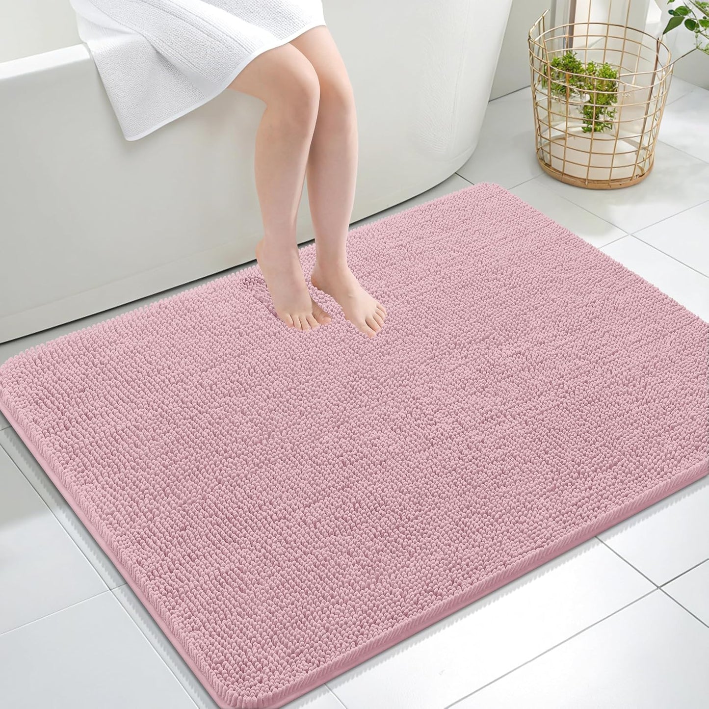 OLANLY Large Bathroom Rugs - Extra Soft Chenille Bath Mats with Rubber Backing | Quick Dry, Machine Washable, Dusty Rose 40x32