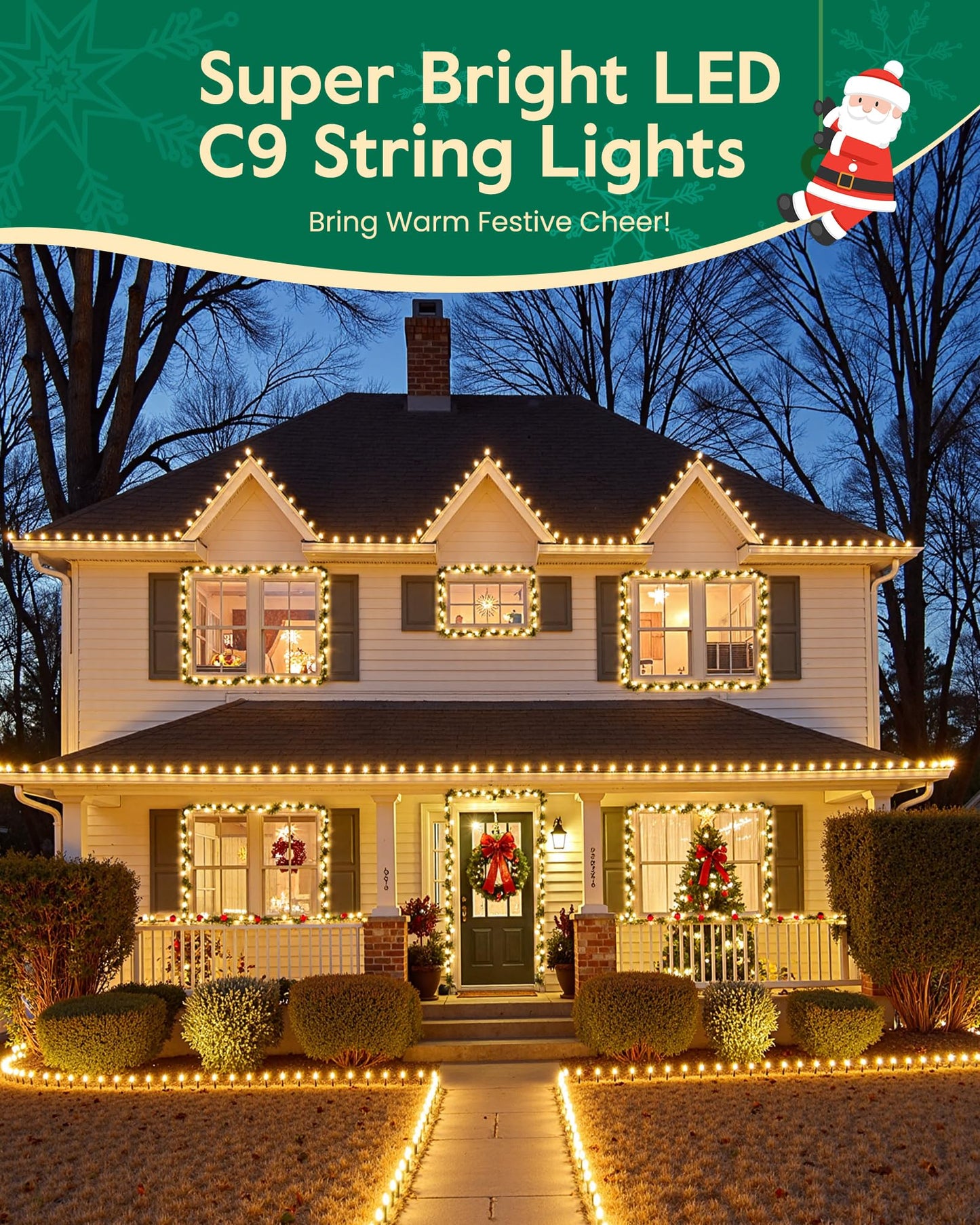 C9 Christmas Lights Outdoor with 100 Spring Clips, 65FT 100 LED C9 String Lights Waterproof Connectable for Roofline Patio House Yard Windows Indoor Outdoor Christmas Decorations, Warm White 2 Pack