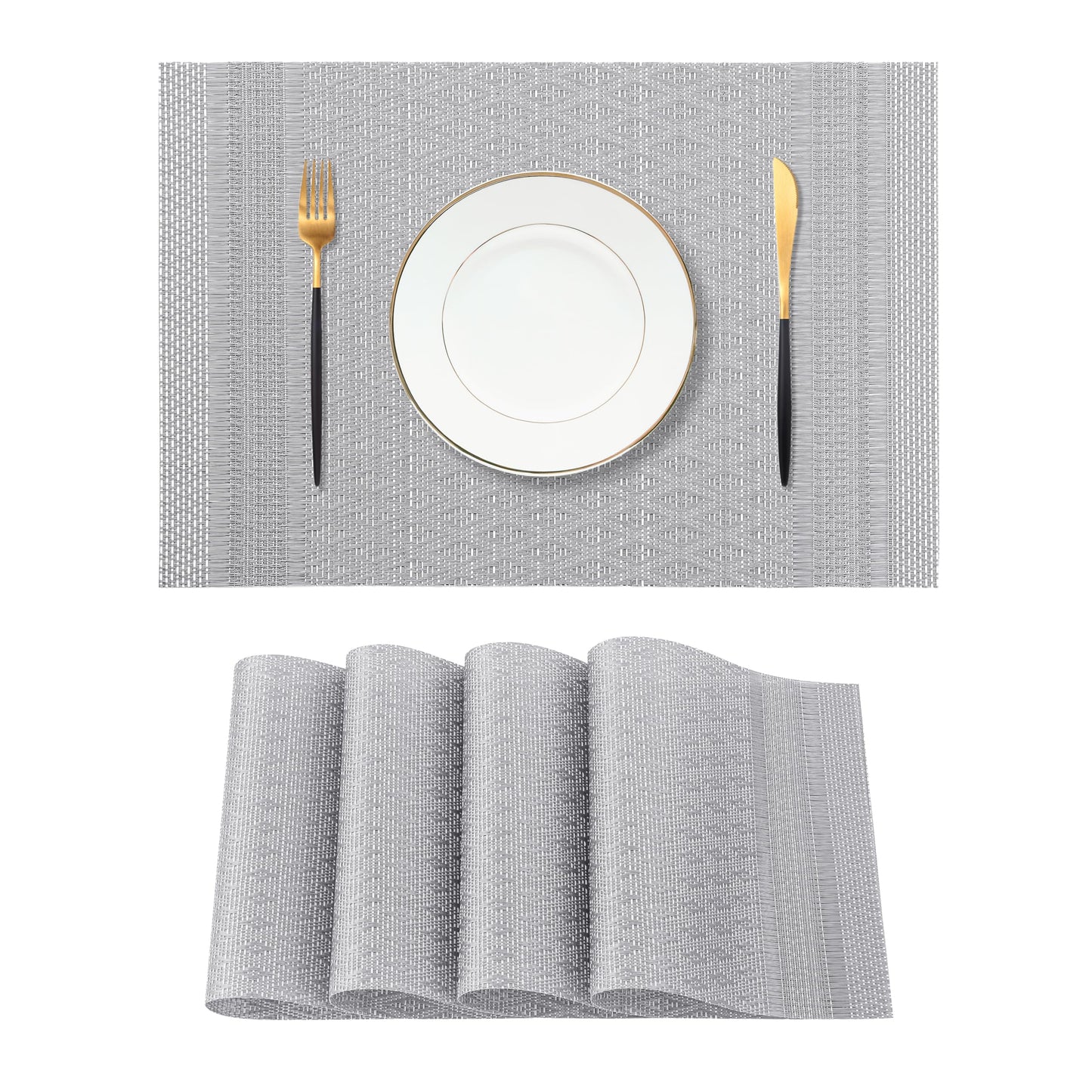 Leetaltree Lunar Grey Placemats Set of 4 - Heat Resistant Non-Slip Place mats for Dining Table, Washable Durable PVC Vinyl Woven Table Mats（Lunar Grey, 4）
