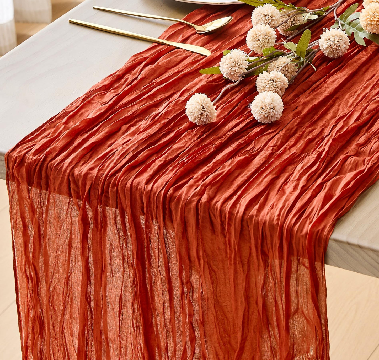 YATOJUZI Terracotta Cheesecloth Table Runner Seasonal Fall Gauze Boho Farmhouse Rustic Cream 120 inch 10FT Cheese Cloth Runner for Wedding Party Bridal Shower Birthday Home Decorations