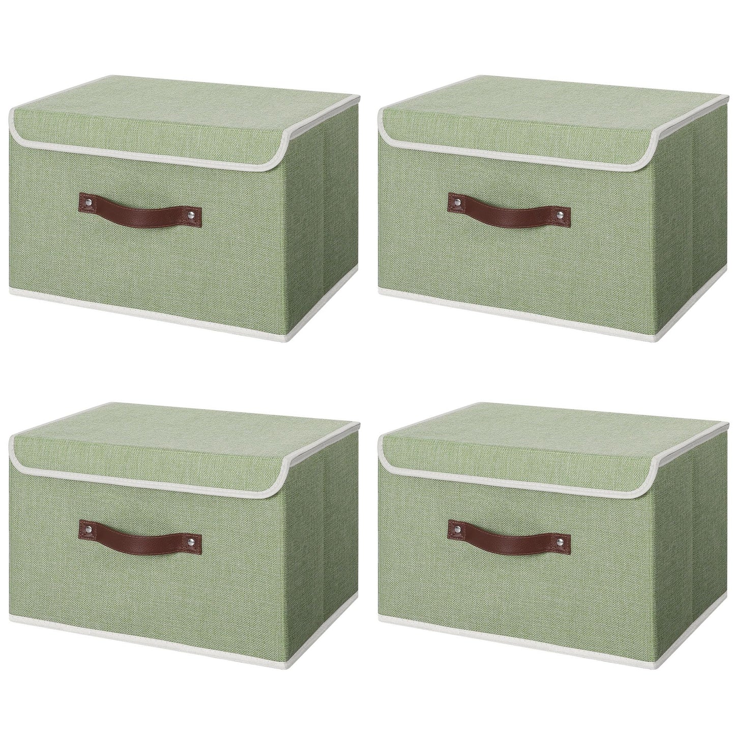 ANMINY 4PCS Storage Bins with Lid PU Leather Handles Storage Boxes PP Plastic Board Decorative Foldable Lidded Cotton Linen Fabric Home Cubes Baskets Closet Organizer Containers - Green, Large Size