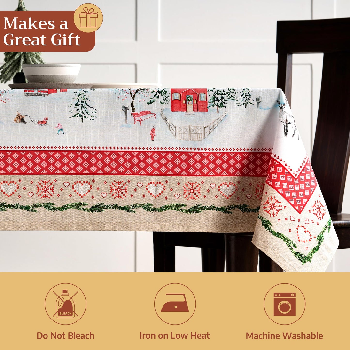 Maison d' Hermine Table Cloth Rectangle Table 100% Cotton 70 x 120 Inches Fall Tablecloth Reusable Everyday Use for Thanksgiving Christmas Decorations Dining Farmhouse Party (Rural Christmas)