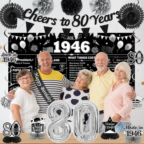 Holkcog 80th Birthday Decorations - 1946 Poster Backdrop, Cheers to 80 Years Banner & Silver Balloons | Complete Party Set