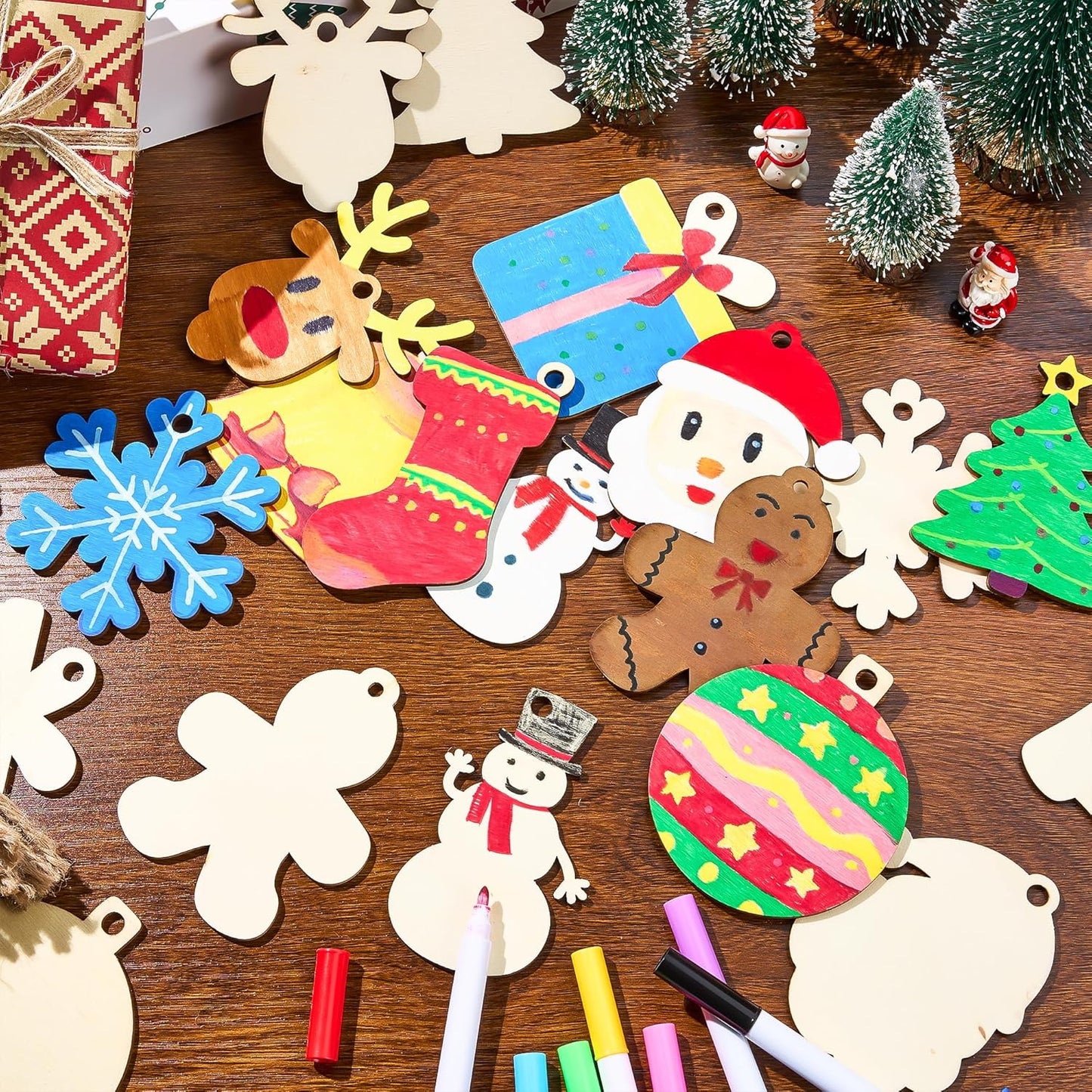 JOYIN Christmas Wooden Ornaments Craft Kit - 100 Unfinished DIY Ornaments with 8 Watercolor Pens for Kids (Ages 8+)