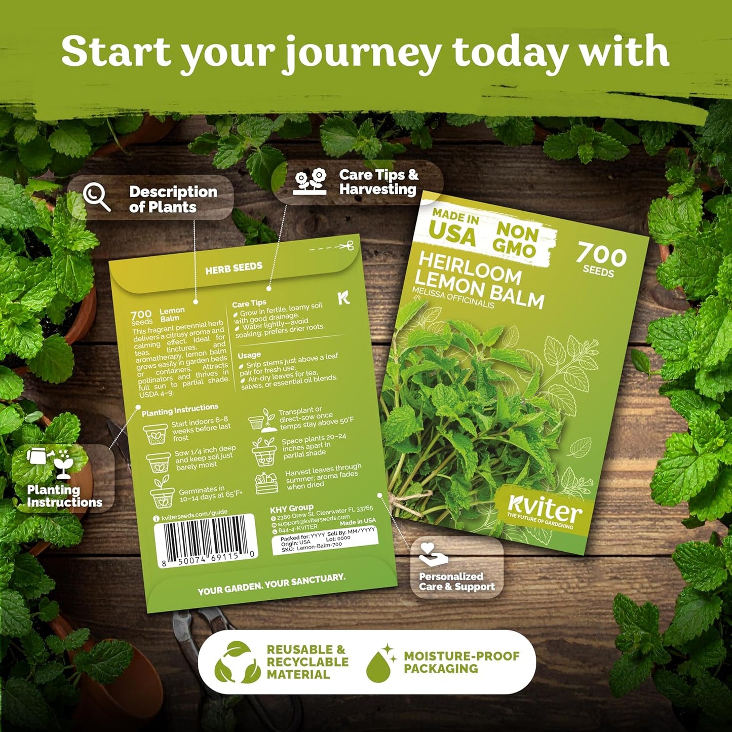 KVITER Lemon Balm Seeds - Organic Heirloom Melissa Officinalis for Calming Tea | Indoor & Outdoor Herb Garden