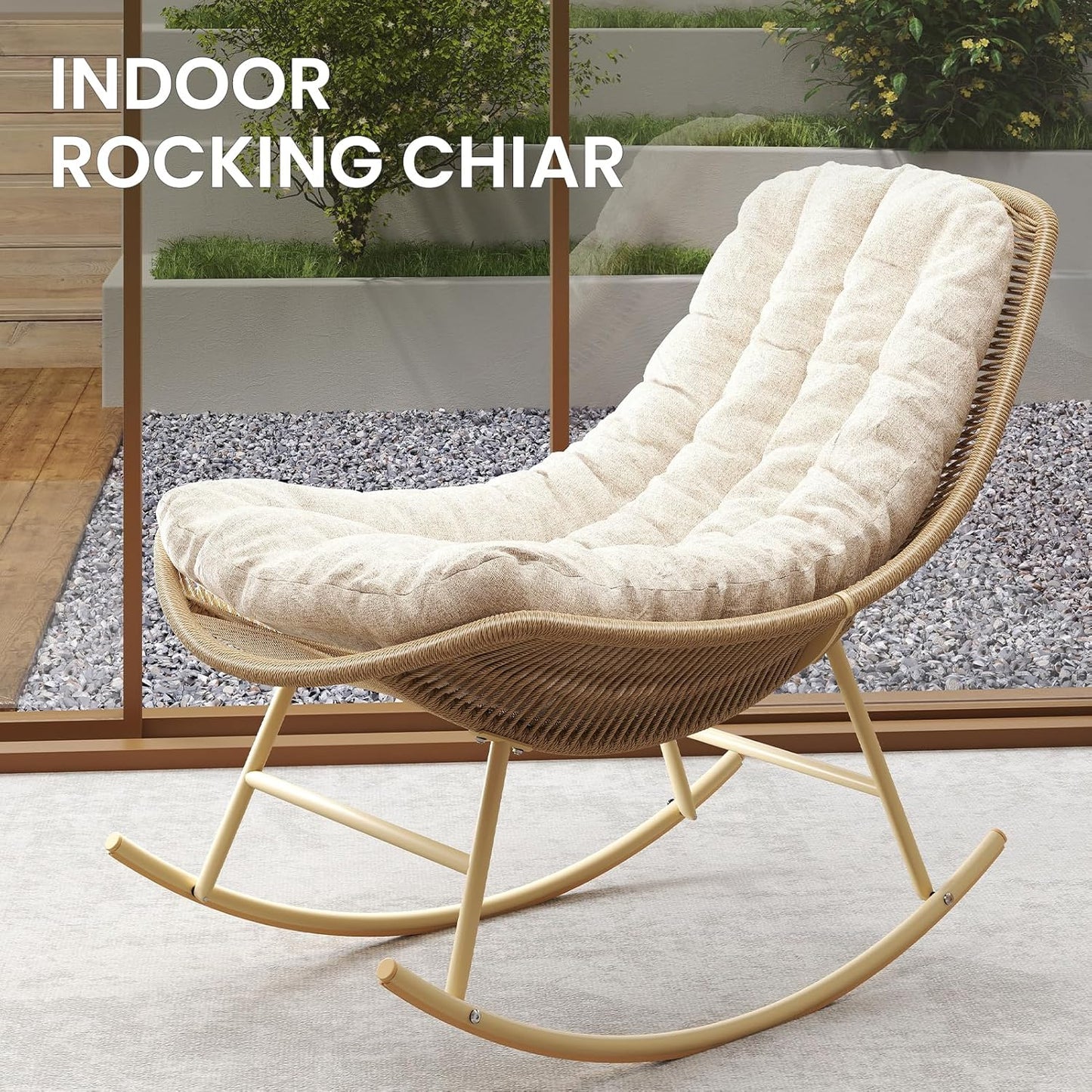 SWITTE Outdoor Rattan Rocking Papasan Chair - Handwoven Wicker with Cushion | Indoor Patio Lounge Chair - Cream