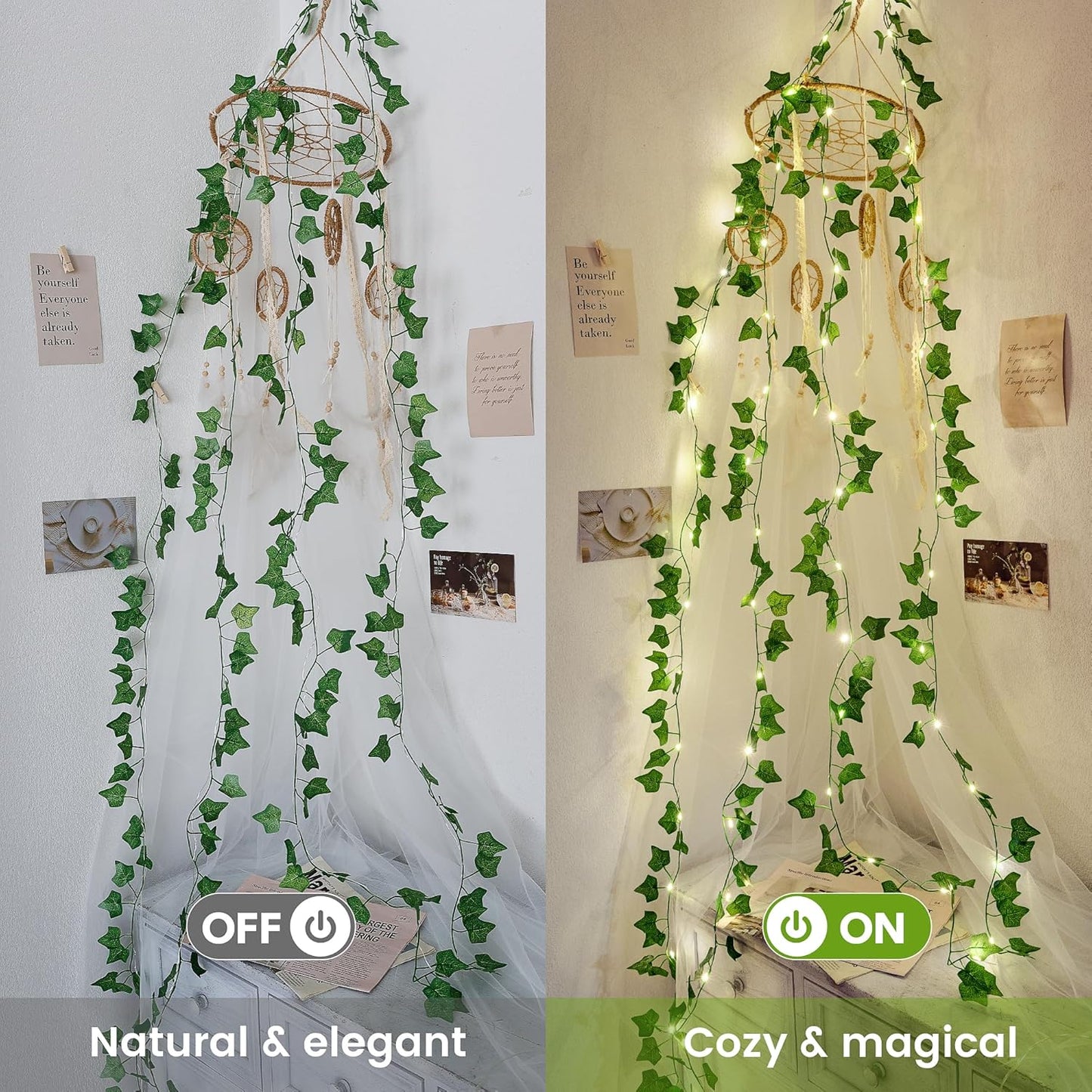 Skiennix Vine Leaf Fairy Lights - 23FT 73 LED Lighted Ivy Garland | Battery & USB Powered Warm White Decor