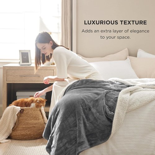 Bedsure GentleSoft Sherpa Fleece Queen Blanket - Thick, Warm, Plush Throw for Winter - Grey, 90x90 Inches