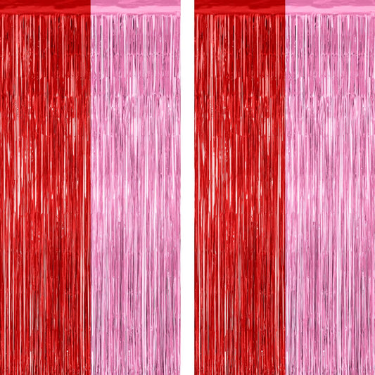 Regine Switzerland | 2 Pack Red Pink Backdrop Curtains - 3.28' x 7.05' Metallic Fringe for Parties
