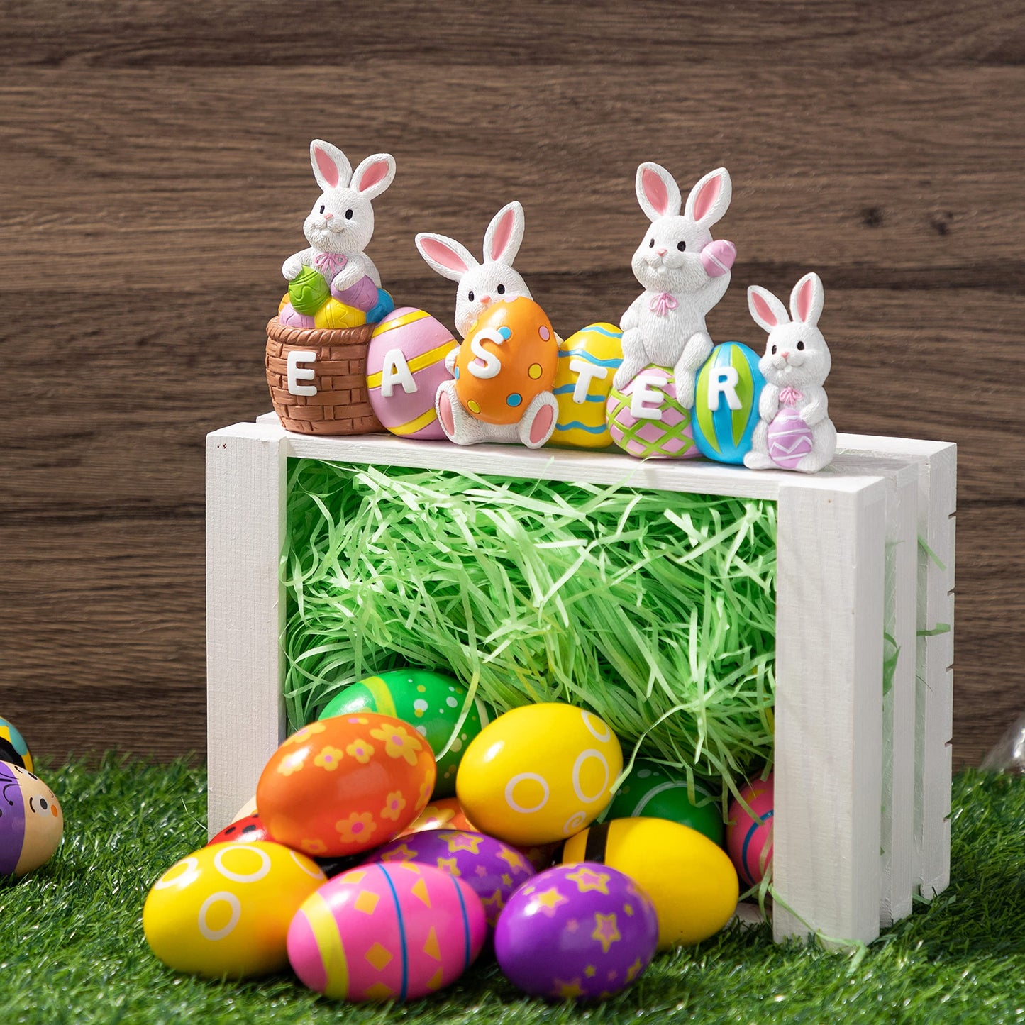 JOYIN Easter Bunny Table Decor Eggs with Easter Resin Centerpiece Decoration 4 Rabbits Bunny & Egg Tabletop Figuring for Spring Home and Office