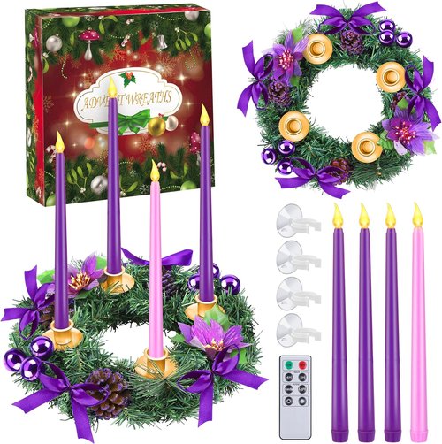 Fovths 12-Inch Christmas Advent Wreath - Flameless Taper Candles with Remote Control | Purple Centerpiece Decor