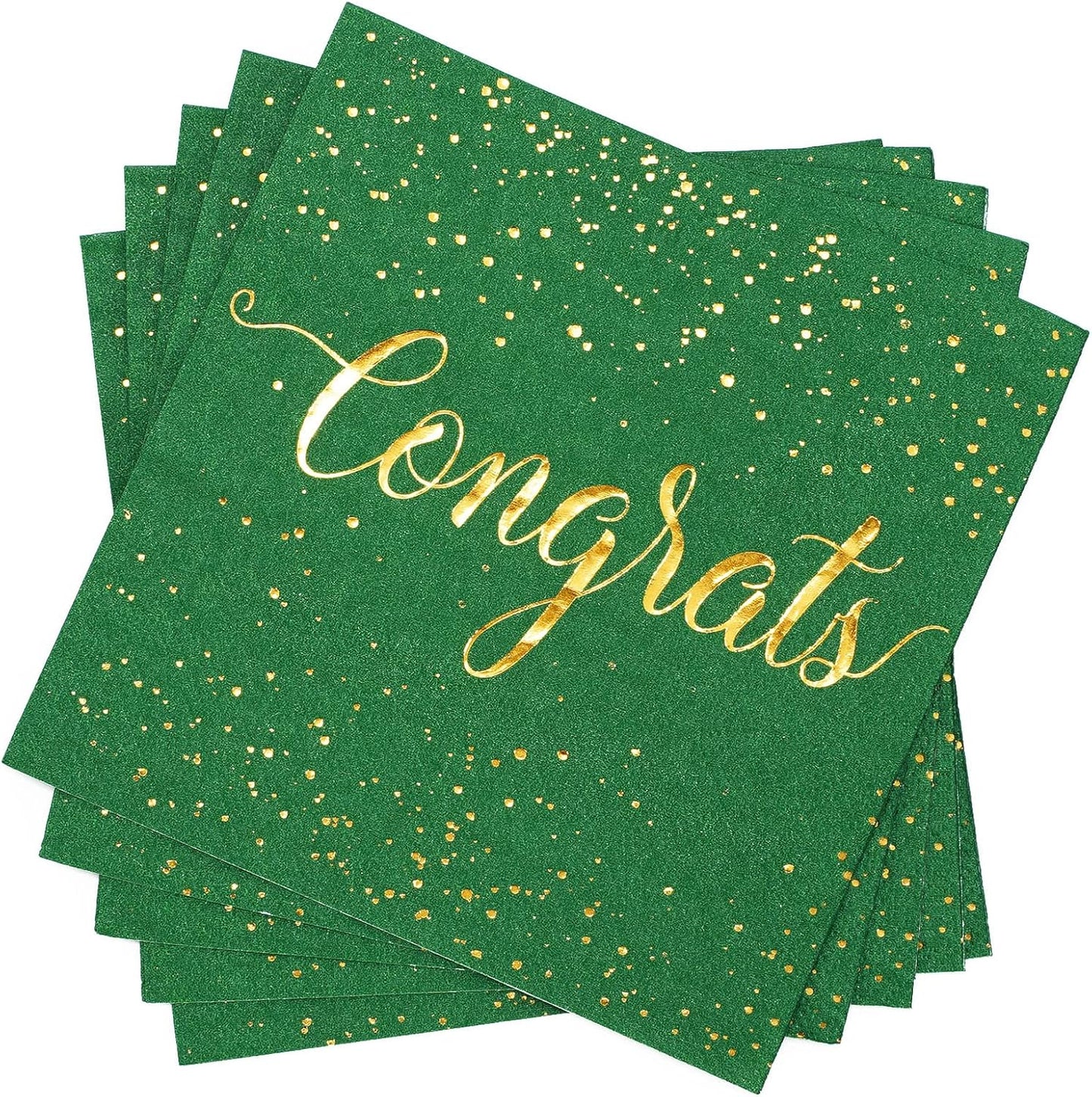 Whaline Graduation Cocktail Napkins - 80 Pack Green & Gold Foil Congrats Design | Disposable Beverage & Dessert Napkins for Grad Party Decor
