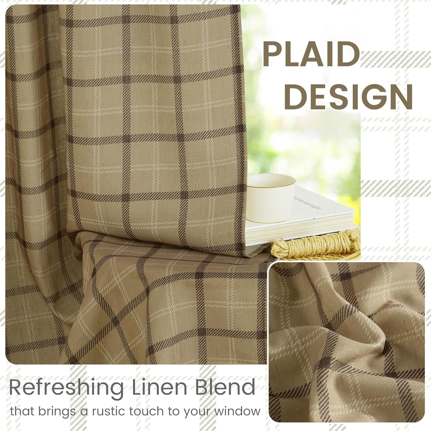 NICETOWN Linen Plaid Patterned Curtains - 84-Inch Light Filtering Privacy Shade | Semi-Sheer, 1 Pair, 52W x 84L