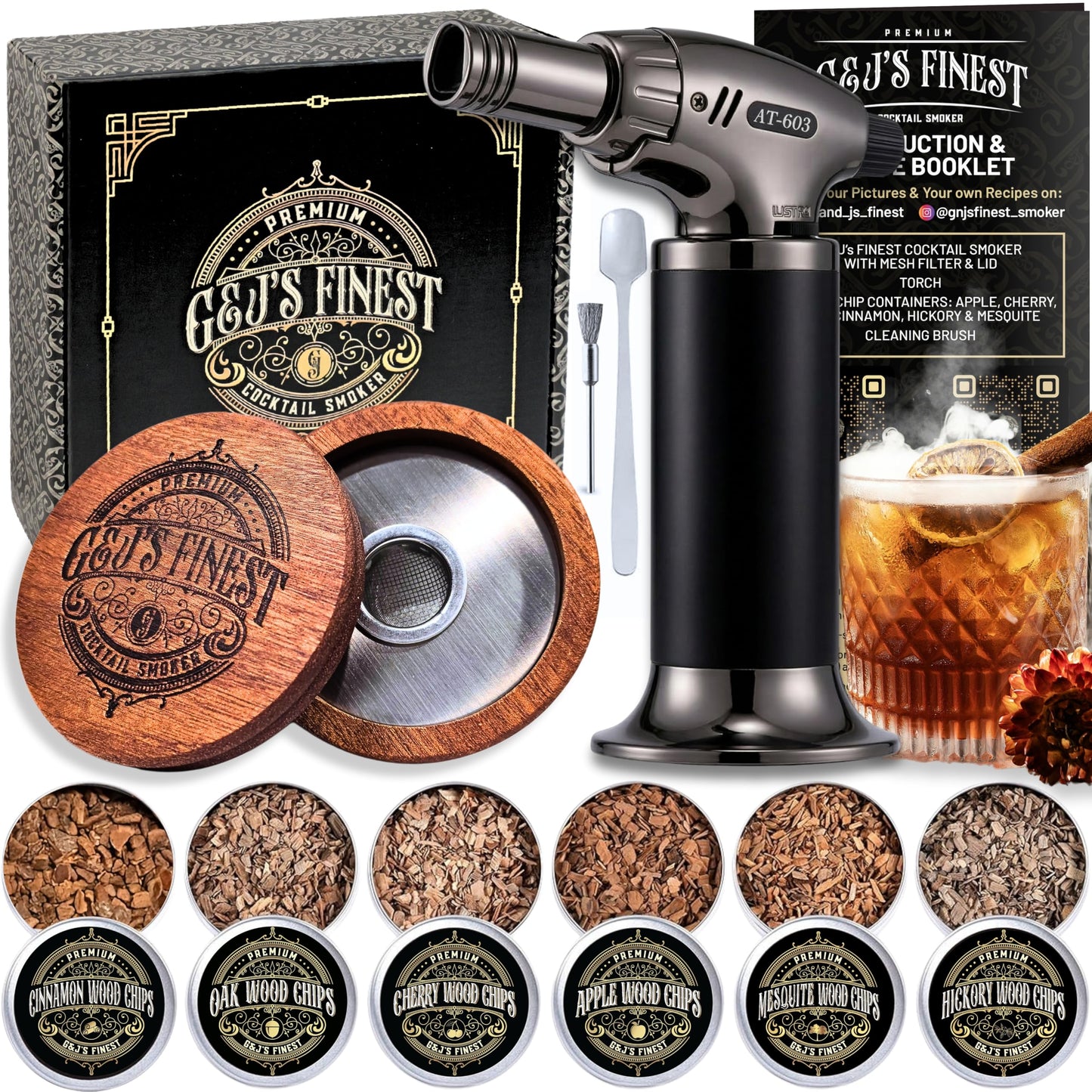 Whiskey Smoker Kit with 3-Flame Torch - 6 Wood Chips & Gift Box for Smoking Drinks| Cocktail Smoker Kit| Bourbon Smoker Kit| Old Fashioned Smoker Kit | Whiskey Gift for Men (No Butane Incl.)