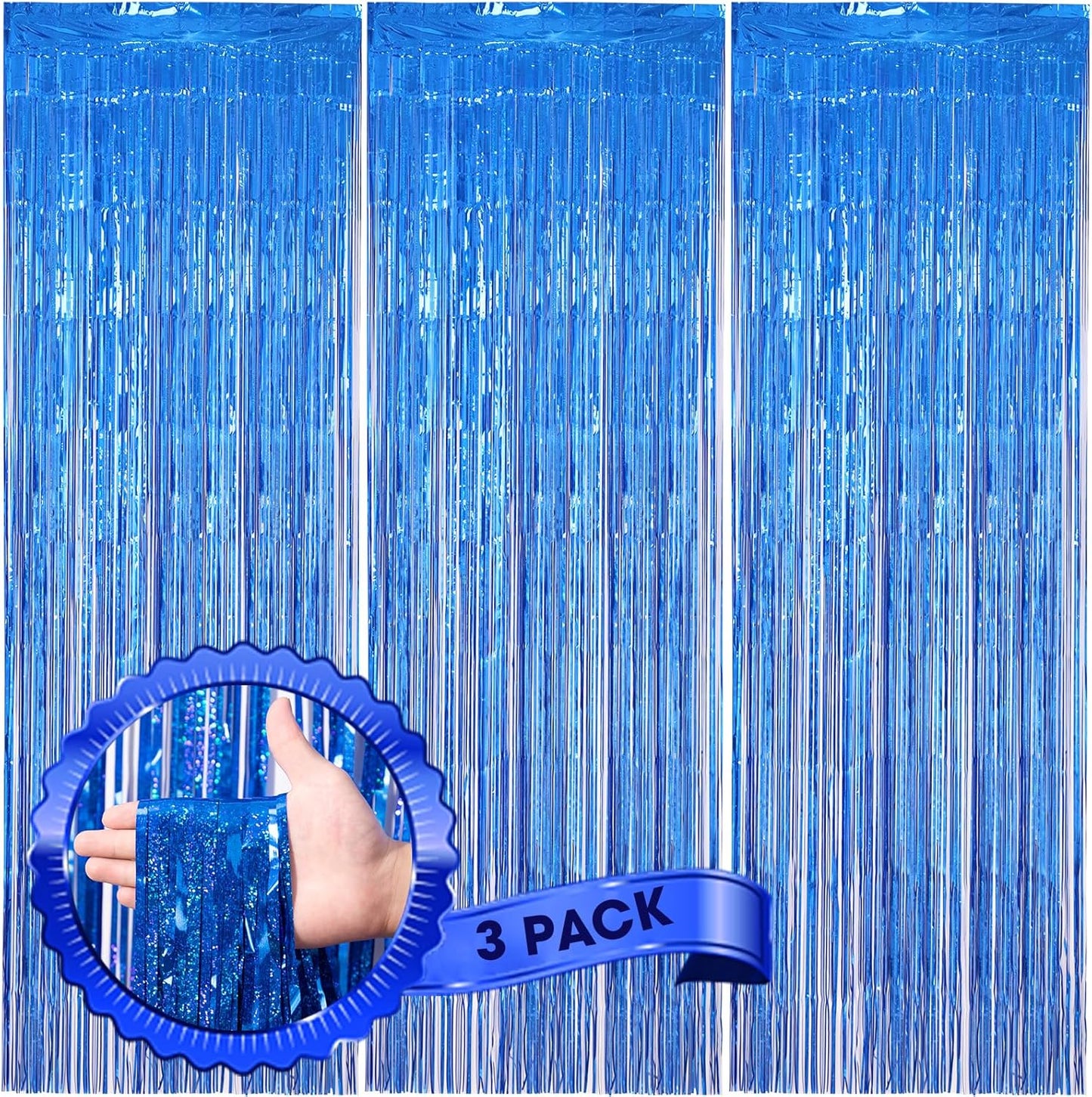 Voircoloria Laser Blue Foil Fringe Backdrop Curtains - 3 Pack, Perfect for Birthday, Graduation & Disco Parties