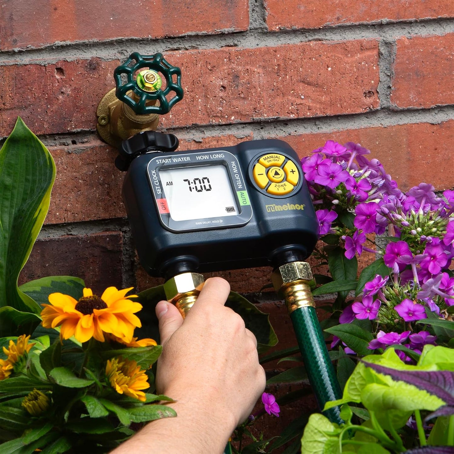 Melnor AquaTimer Digital Hose Timer - 2-Zone Programmable Watering System | Quick Connect Bundle, Black & Yellow