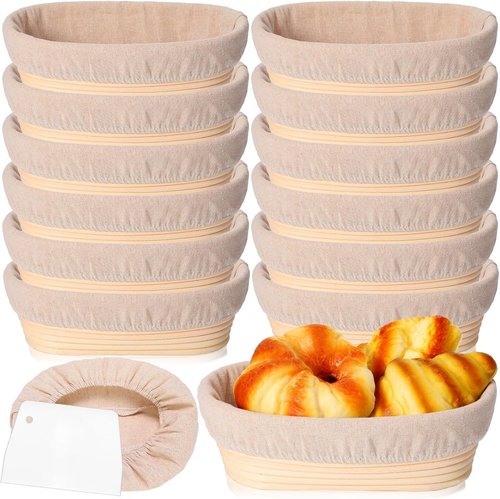 Gejoy 12-Piece Bread Proofing Basket Set - Oval Banneton Dough Bowls with Cloth Liner & Scraper | 10-Inch Sourdough Baking Supplies