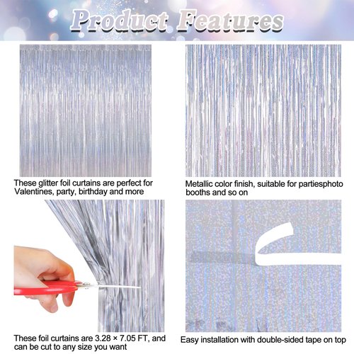 12 Pack Fringe Backdrop, 3.28 FT x 7.08 FT Glitter Silver Tinsel Curtain, Metallic Foil Curtains Party Streamer Disco Backdrop, Silver Party Decorations for New Year Birthday Holiday