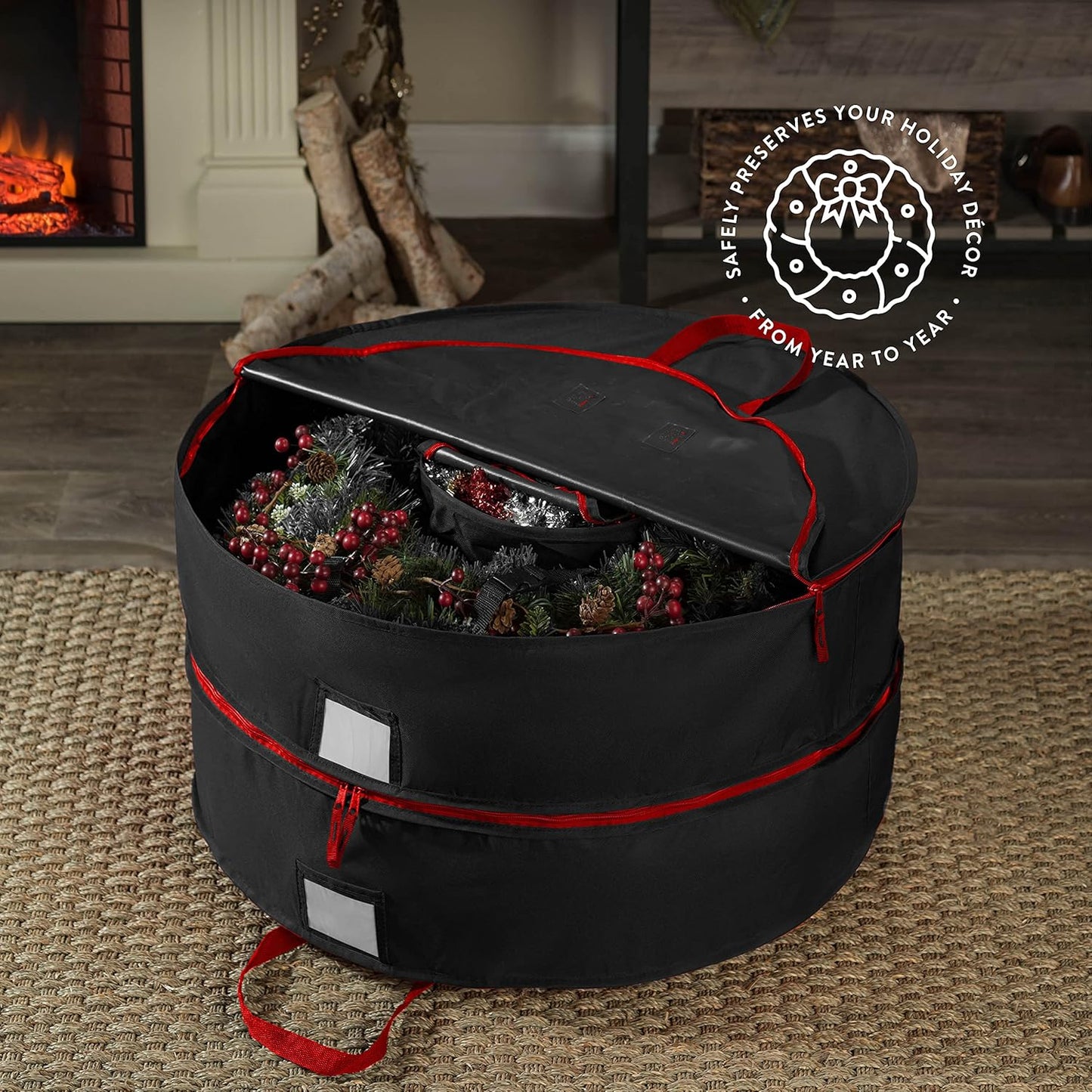 ZOBER Wreath Storage Bag - 36 Inch Capacity for 2 Wreaths | Durable 600D Oxford Fabric - Black