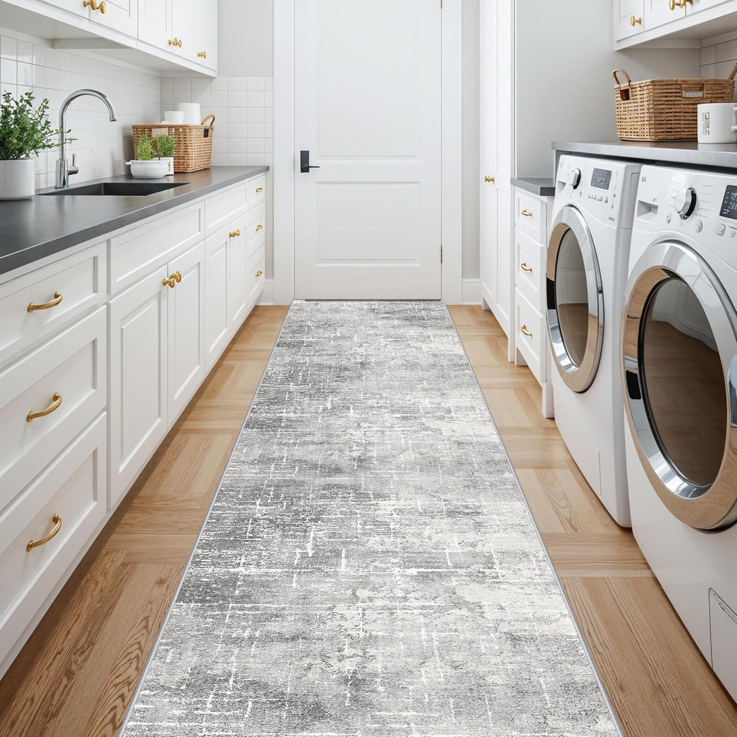 Skiennix Abstract Kitchen Area Rug - Washable Non-Slip Long Hallway Mat | Soft Stain-Resistant 2'6"x14" in Light Grey