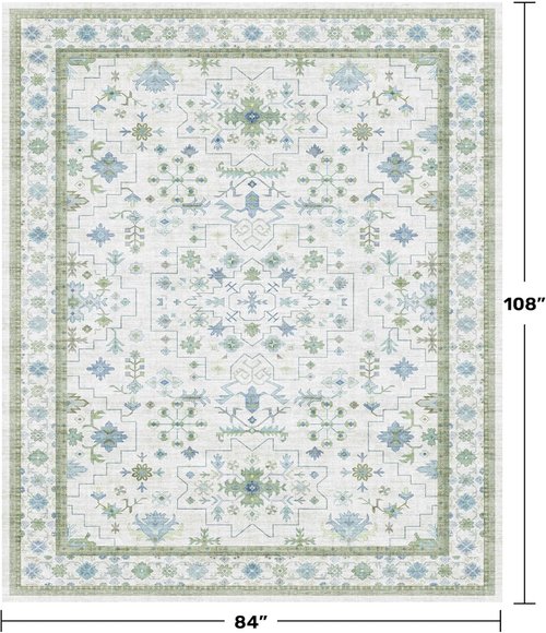 Hazo Haus Cream Oushak 7x9 Area Rug - Boho Floral Design in Cool Blue & Green | Washable, Non-Slip, Low Pile