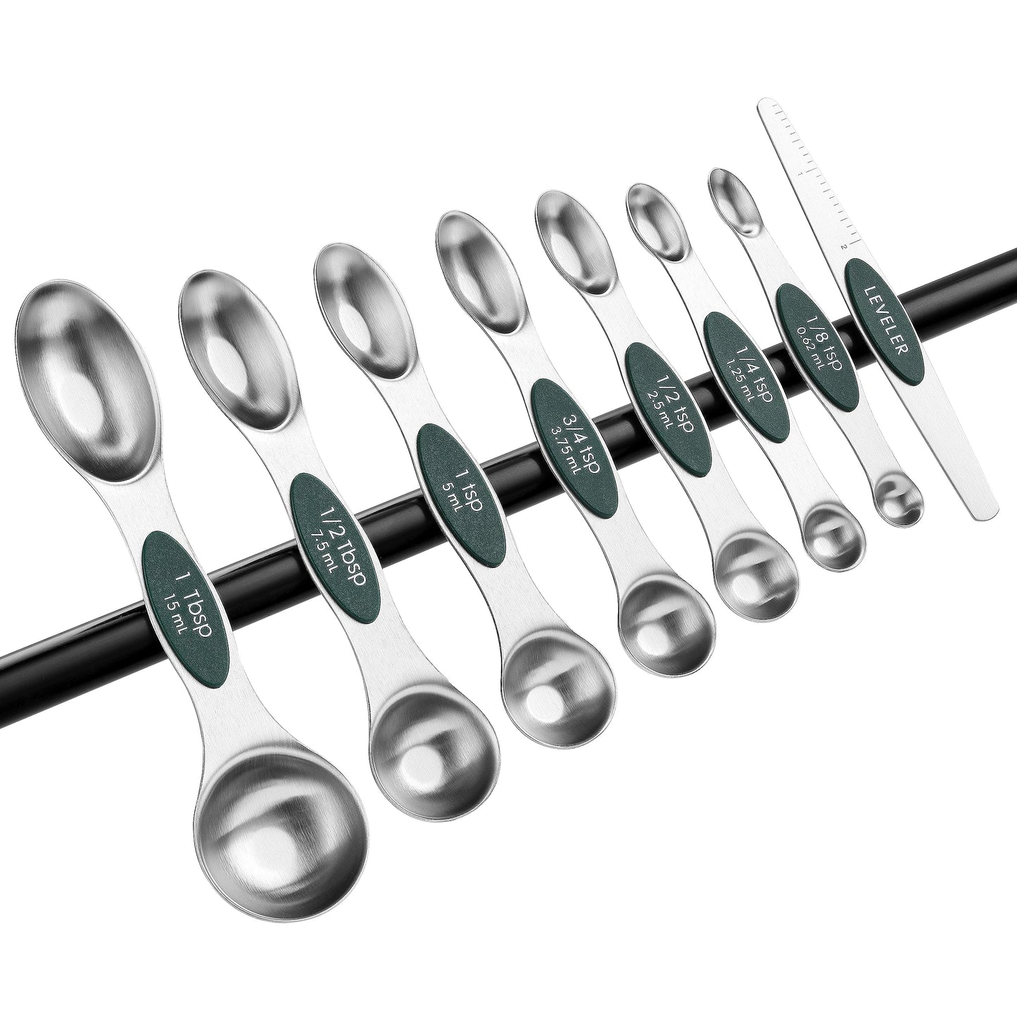 Spring Chef Stainless Steel Magnetic Measuring Spoons Set of 8 with Leveler, Stackable Magnetic Teaspoon & Tablespoon Set, Metal Kitchen Gadgets for Baking & Cooking, Fits in Spice Jars - Pine Green