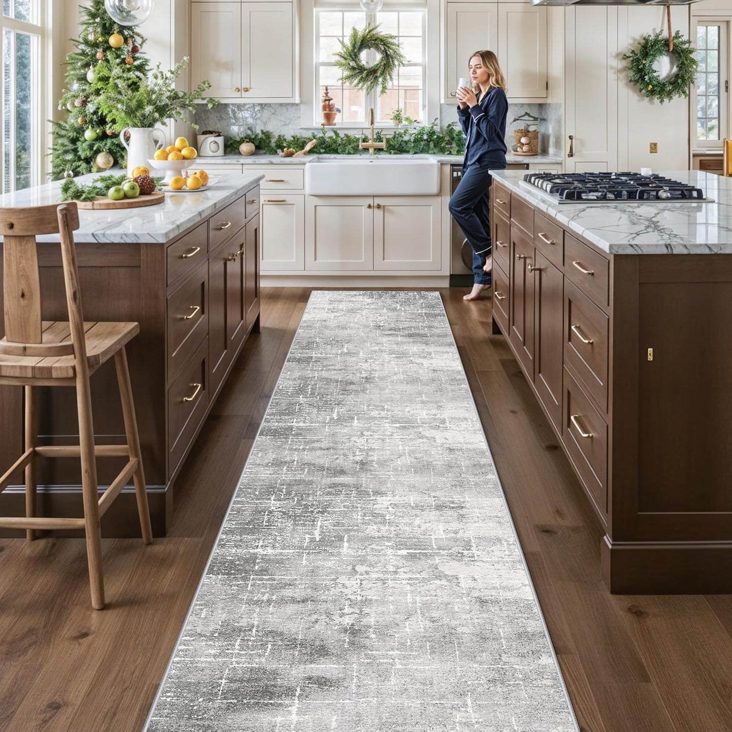Skiennix Abstract Kitchen Area Rug - Washable Non-Slip Long Hallway Mat | Soft Stain-Resistant 2'6"x14" in Light Grey