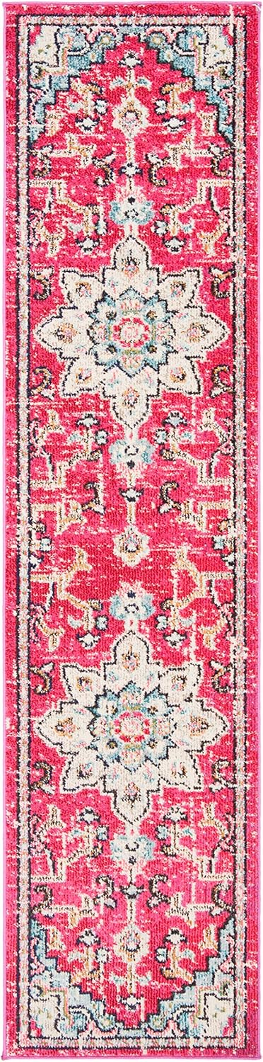 SAFAVIEH Madison Collection Runner Rug - 2'2" x 14', Fuchsia & Blue, Boho Chic Medallion Distressed Design, Non-Shedding & Easy Care, Ideal for High Traffic Areas in Living Room, Bedroom (MAD473A)
