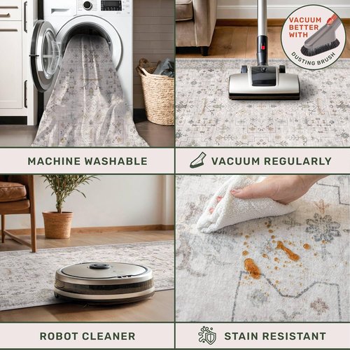 Hazo Haus Kitchen Rug - Light Gray Modern Boho Floral Design | Washable Non-Slip 12 ft Runner