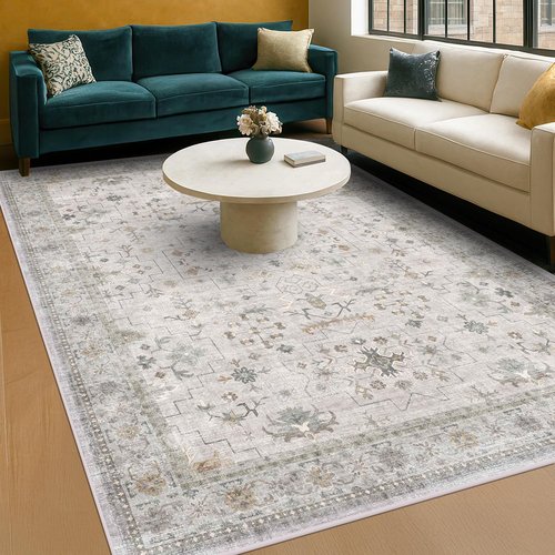 Hazo Haus Boho Light Grey Living Room Rug - Modern Floral Design, Washable Low Pile, 7x9 Size