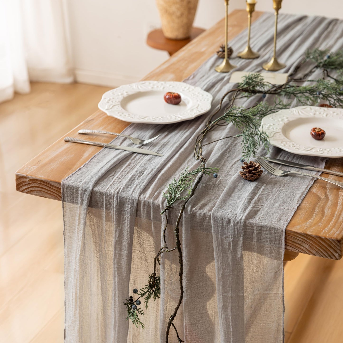 Keketoarrange 10pcs Grey Gauze Rustic Cheesecloth Table Runner 120 Inch 10 FT for Wedding Baby Shower Bridal Shower Birthday Engagement Garden Outdoor Party Long Sheer Boho Decorations