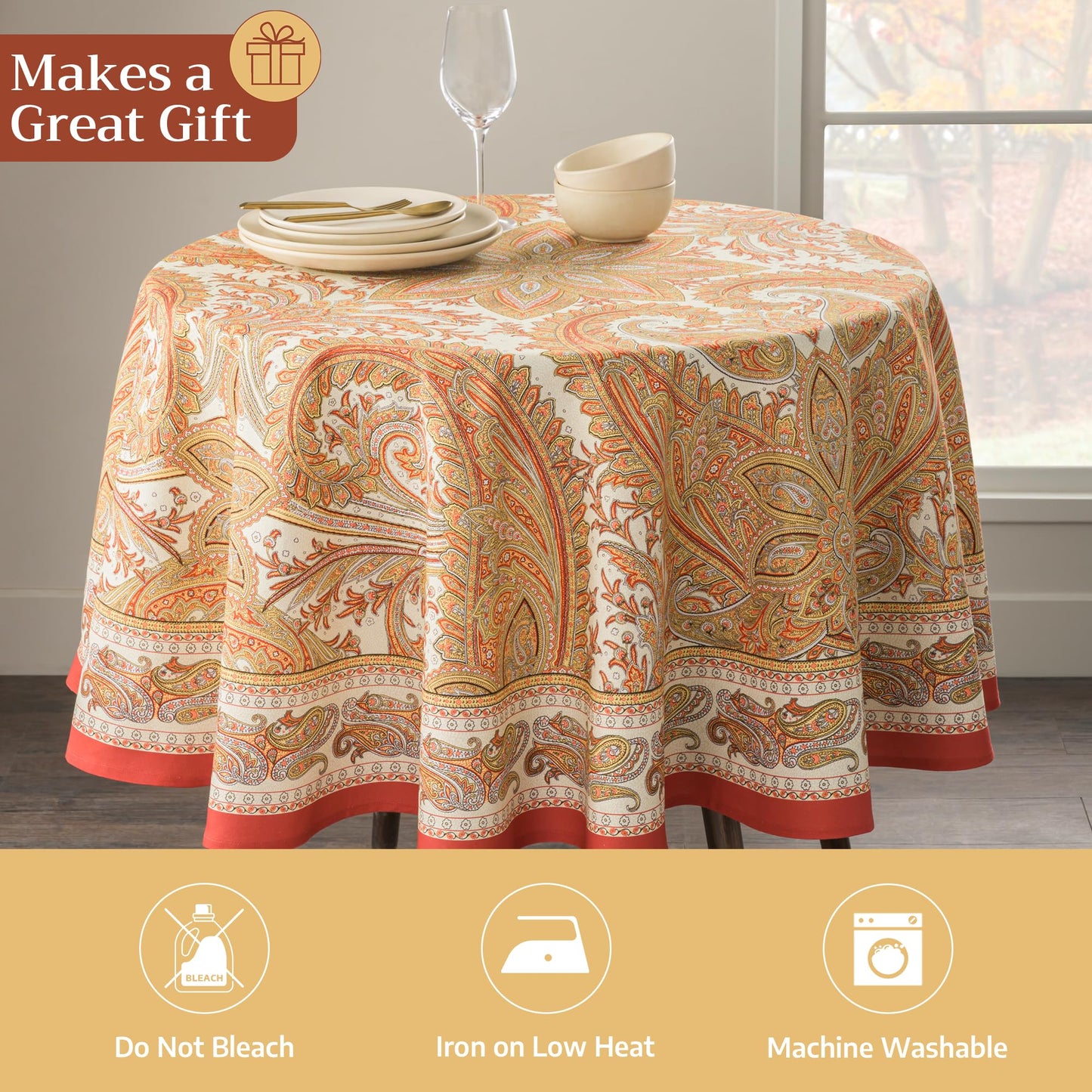 Maison d' Hermine Table Cloth Round Table 100% Cotton 63 Inches Fall Tablecloth Reusable Everyday Use for Thanksgiving Christmas Decorations Dining Farmhouse Party (Kashmir Paisley)