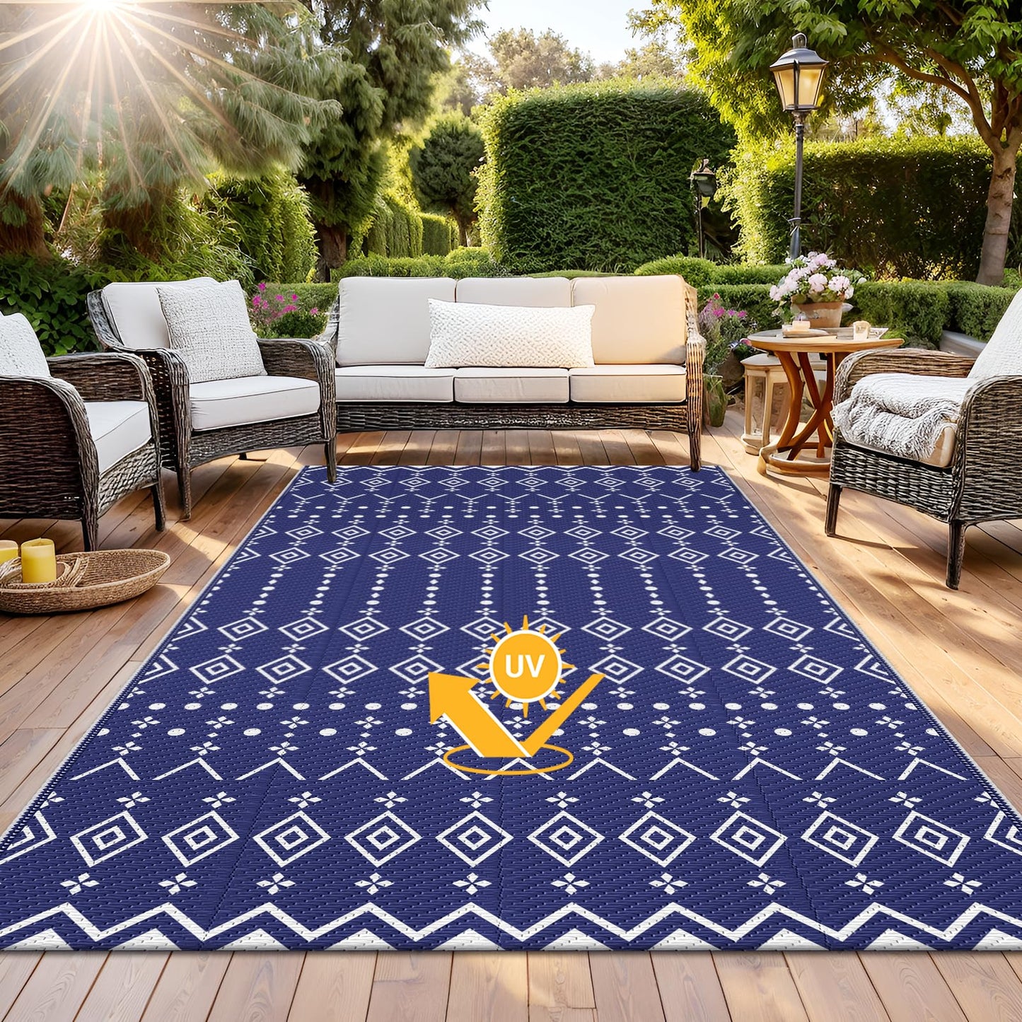 StepRite 8’ x 10’ Reversible Outdoor Rug, Waterproof Plastic Straw Rug, Patio Rug, Large Modern Area Rug Carpet, Indoor Outdoor Rugs for Camping, Porch, Deck, Balcony, Backyard, RV, Picnic(Blue)