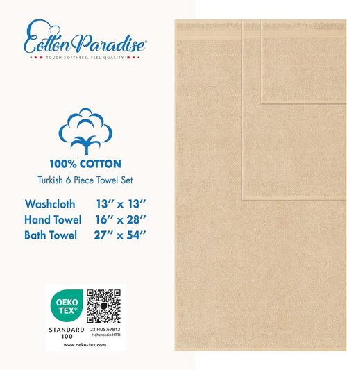 Cotton Paradise 6-Piece Towel Set - 100% Soft Absorbent Turkish Towels | Beige Bath Towels, Hand Towels & Washcloths