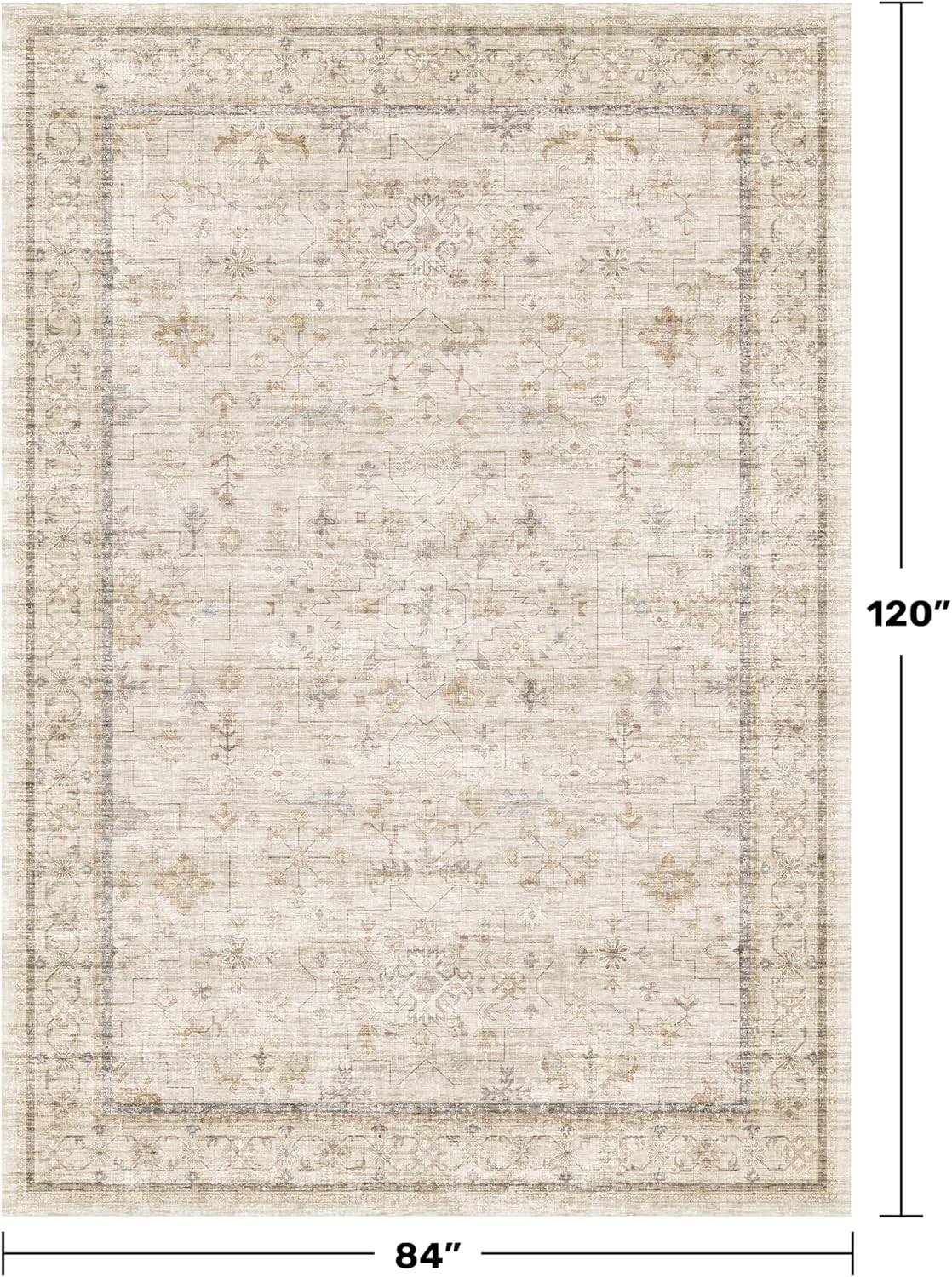 Regine Switzerland Farmhouse Area Rug - Soft Low Pile, Non-Slip Rubber Backing | Light Beige, 7x10 ft Vintage Design